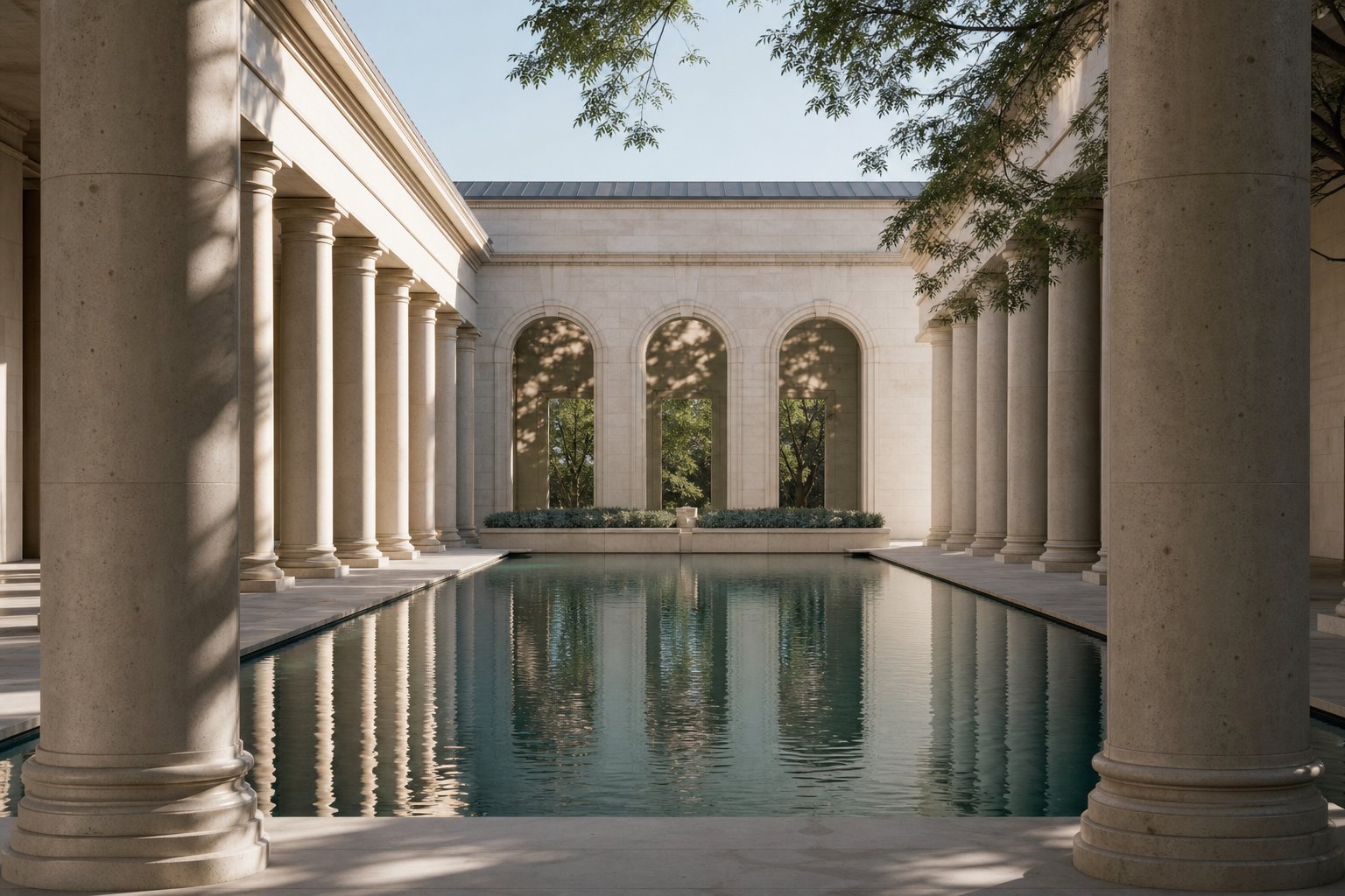 A calm civic courtyard with ordered colonnades and reflective water