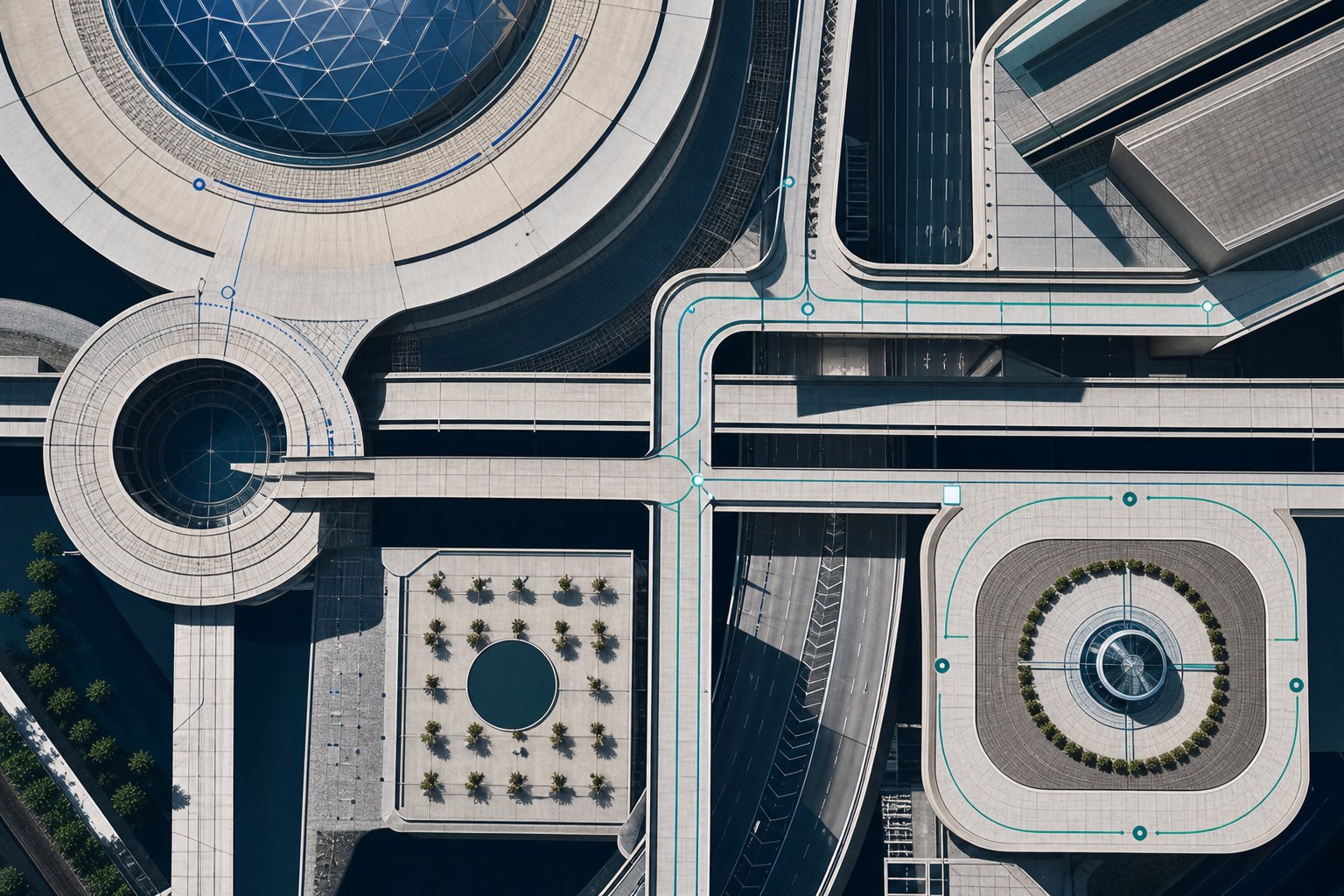 An ordered aerial system of connected civic structures and pathways