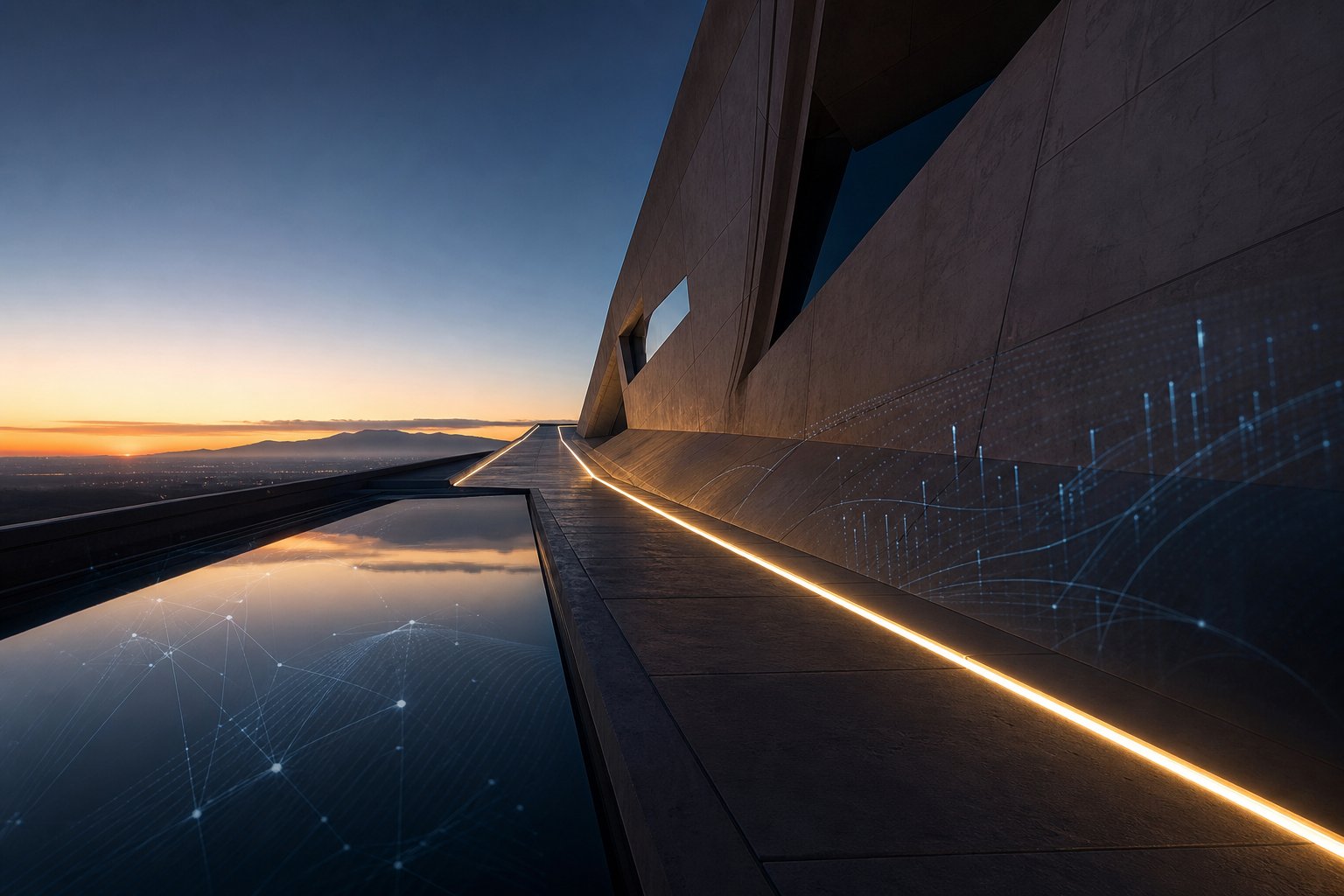 A clear illuminated pathway through contemporary architecture at dawn